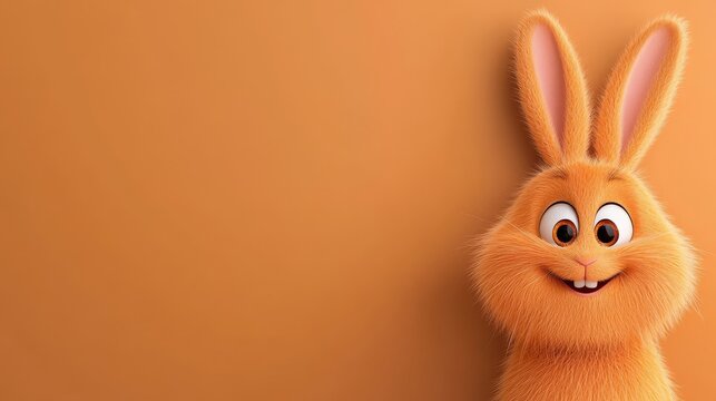 A charming fluffy orange rabbit displays a joyful smile against a warm orange backdrop, creating an uplifting and happy atmosphere