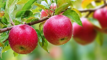 Plump red apples glisten with raindrops on a green branch in an orchard. The air is fresh, and the sun shines brightly, creating a vibrant atmosphere as summer nears its end.
