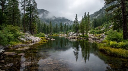 A peaceful mountain scene features a calm body of water reflecting tall conifer trees and distant mountains. The cloudy sky adds a serene atmosphere to the lush greenery surrounding the area.