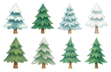 Obraz premium PNG Watercolor evergreen trees winter illustration, element set on transparent background