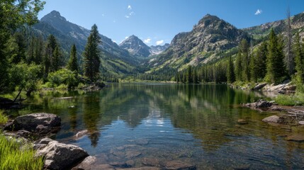 In a picturesque mountain setting, a tranquil lake mirrors the towering peaks and lush greenery under a bright blue sky. The scene is peaceful, showcasing natures beauty and serenity.