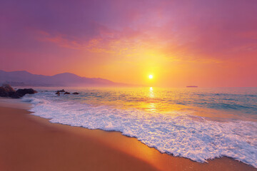 Obraz premium experience breathtaking beauty of summer sunrises and sunsets where ocean waves dance in soft golden glow of dawn