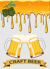 Illustration with drops of beer.Vector illustration of beer drink drips, beer mugs and text.