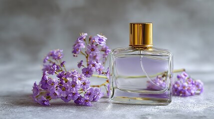 Elegant glass perfume bottle with delicate purple flowers and gold cap offers luxury and floral freshness