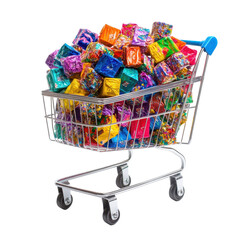 Shopping cart filled with vibrant boxer, Shopping cart overflowing with colorful boxer shorts in various patterns and styles, isolated on transparent background