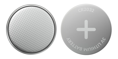 Front and back view of CR2032 lithium button cell battery on transparent background
