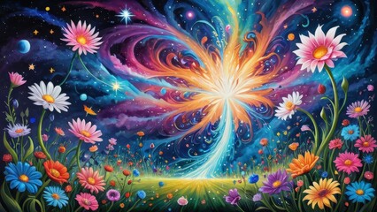 Vibrant floral explosion in a cosmic garden.