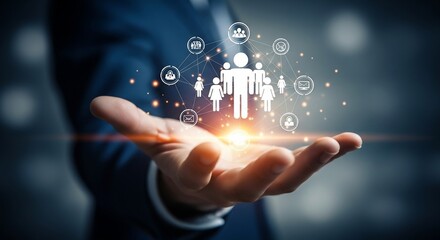 Professional holding network of people and communication icons creating synergy and global connection