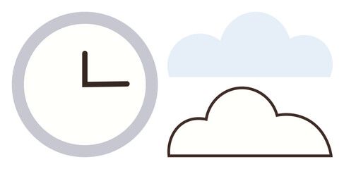 Clock with simple circular outline, open-style clouds in pastel colors. Ideal for time management, weather, minimalism, relaxation, scheduling, climate concepts, simple flat metaphor