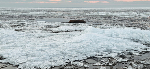 Sunrise over a tranquil coastline with icy patches and smooth stones along the sandy shore. The sky reflects in the water, creating a serene and peaceful atmosphere.