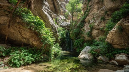 A serene oasis features a small waterfall cascading into a clear pond, bordered by vibrant greenery and towering rocky cliffs under bright sunlight, creating a peaceful atmosphere.