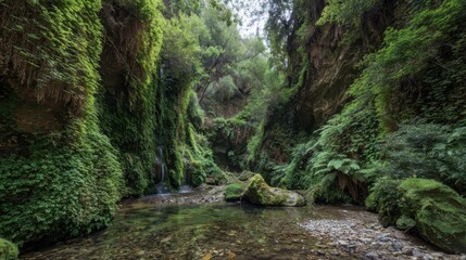 A tranquil canyon showcases a clear stream meandering through vibrant green foliage. A small waterfall cascades down the rocks, enhancing the peaceful atmosphere of this natural oasis.