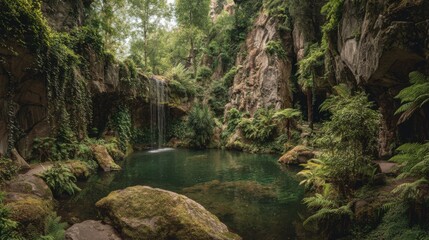 Fototapeta premium A serene oasis surrounded by dense greenery showcases a gentle waterfall flowing into still, clear water. Nature thrives in this peaceful environment, perfect for relaxation.