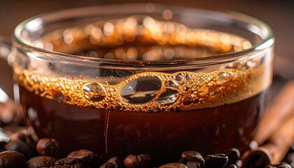 Close-up of Dark Coffee in Glass Cup with Crema, Roasted Beans