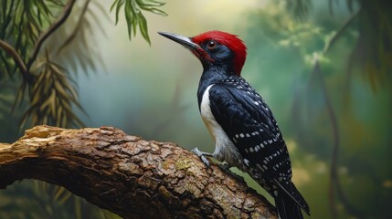 Obraz premium Detailed view of a woodpecker perched on a tree branch.