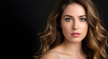 Fototapeta premium Captivating Beauty Portrait: Young Woman with Striking Blue Eyes, Radiant Skin, and Voluminous Wavy Blonde Hair on a Dark Background