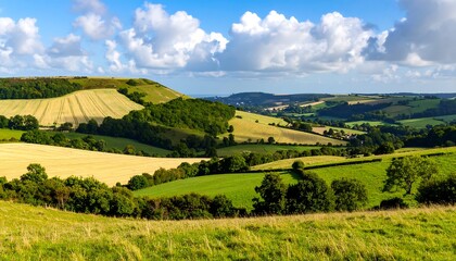 Panoramic view of rolling hills and fields