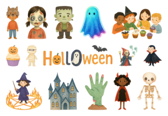 PNG Colorful Halloween cartoon characters illustration, element set on transparent background