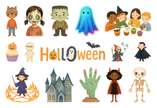 PNG Colorful Halloween cartoon characters illustration, element set on transparent background