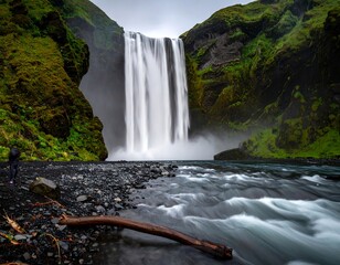 Powerful waterfall cascading down mossy cliffs