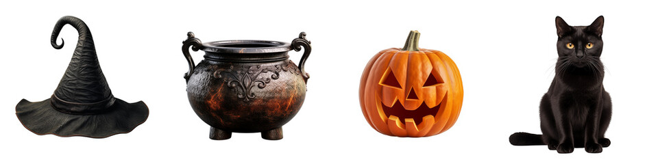 Witch hat, cauldron, black cat and jack-o’-lantern