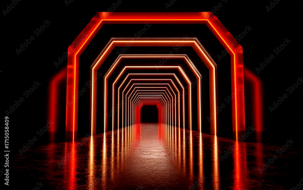 Poster red neon light tunnel with reflective floor creating futuristic atmosphere