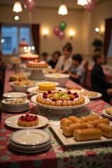 Fototapeta premium A buffet table with desserts like cakes, fruits, and pastries on a decorated tablecloth. The background shows a festive room with balloons and lights