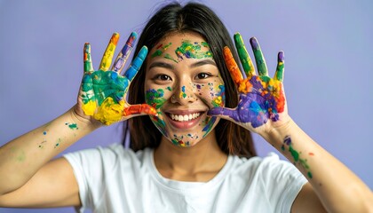 Joyful Young Woman with Colorful Paint on Face and Hands
