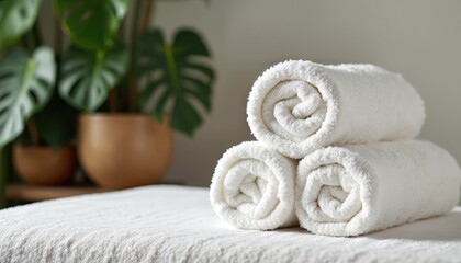 Rolled white towels stacked on spa table. Green monstera plant, bamboo pots in background. Soft, clean linen fabric, minimalist interior setting. Promotes relaxation, hygiene, wellness, natural