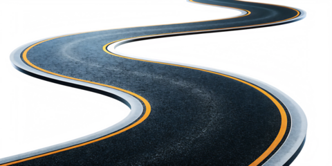 Winding asphalt road with yellow lines isolated on a transparent background