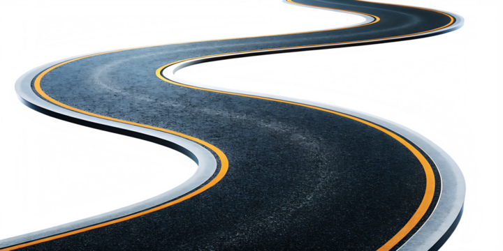 Winding asphalt road with yellow lines isolated on a transparent background
