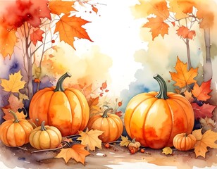 Autumnal pumpkins nestled amongst vibrant fall foliage, a watercolor painting showcasing warm hues and a tranquil scene.