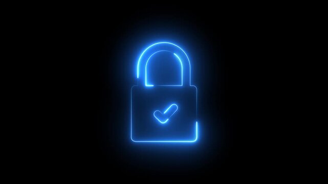 Glowing neon color animation lock icon protection safety security privacy password circle closed animated sign symbol. Motion graphics of security concept.