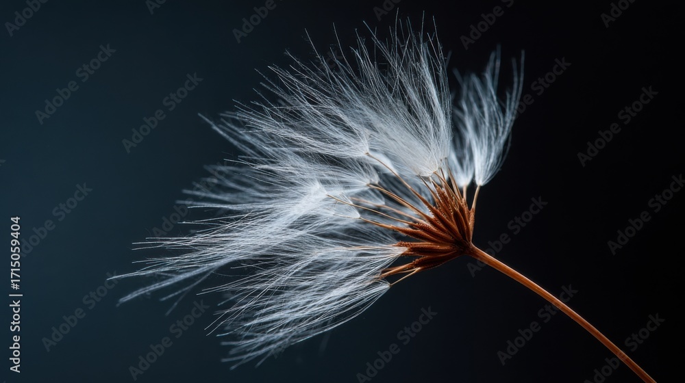 Poster a cluster of dandelion seeds gently disperses in the air, illuminated by soft light. the delicate st