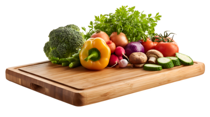 Fresh vegetables on cutting board isolated on white background