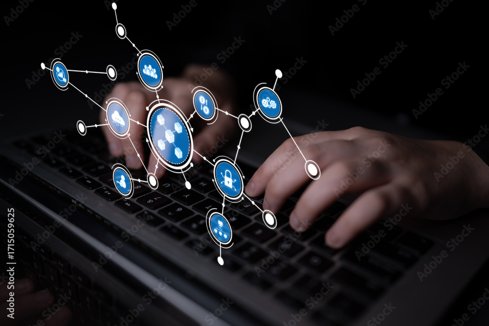 Poster a close-up view of hands typing on a laptop keyboard with an overlay of virtual network connections,