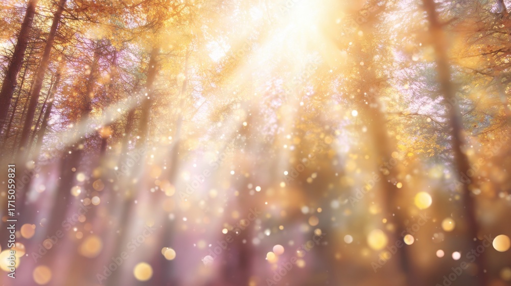 Poster golden sunlight streams through the trees in a forest during autumn, illuminating the surroundings w