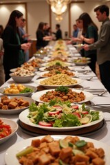 Obraz premium A long buffet table with salads, bread, and hot dishes in a bright banquet hall. People are serving themselves in the background