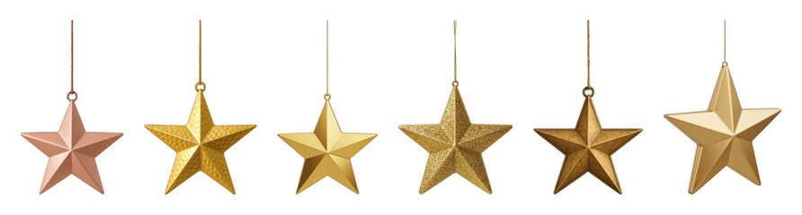 Obraz premium Metallic star ornament set including gold, rose gold, glitter, and hammered textures isolated. Christmas holiday decoration collection.