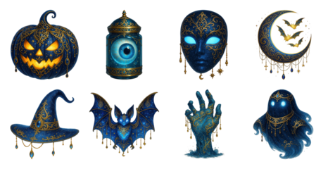 PNG Mystical Halloween themed illustrations, element set on transparent background