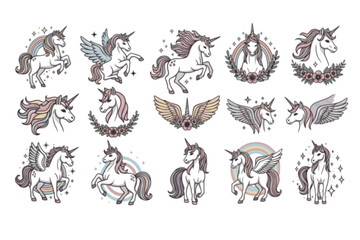 Obraz premium Unicorn vector set clipart design featuring cute and magical unicorns in various poses and styles. Perfect for kids’ designs, party invitations, stickers, apparel, nursery decor, and fantasy themes.