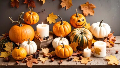 Halloween pumpkins and autumn leaves on a wooden table