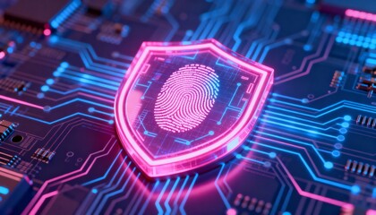 cyber security shield with neon glow, holographic circuit board background, vibrant pink and blue colors, 3D futuristic interface, secure digital fingerprint inside the shield