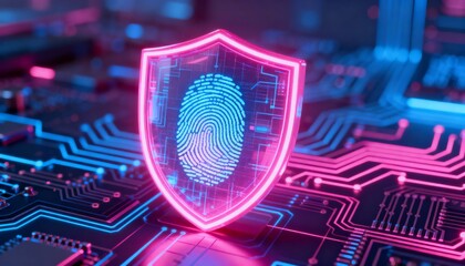 cyber security shield with neon glow, holographic circuit board background, vibrant pink and blue colors, 3D futuristic interface, secure digital fingerprint inside the shield