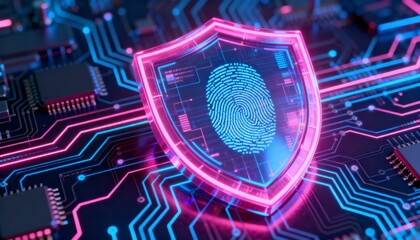 cyber security shield with neon glow, holographic circuit board background, vibrant pink and blue colors, 3D futuristic interface, secure digital fingerprint inside the shield