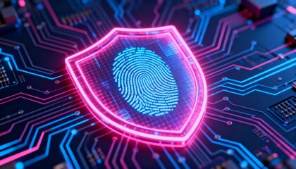 cyber security shield with neon glow, holographic circuit board background, vibrant pink and blue colors, 3D futuristic interface, secure digital fingerprint inside the shield