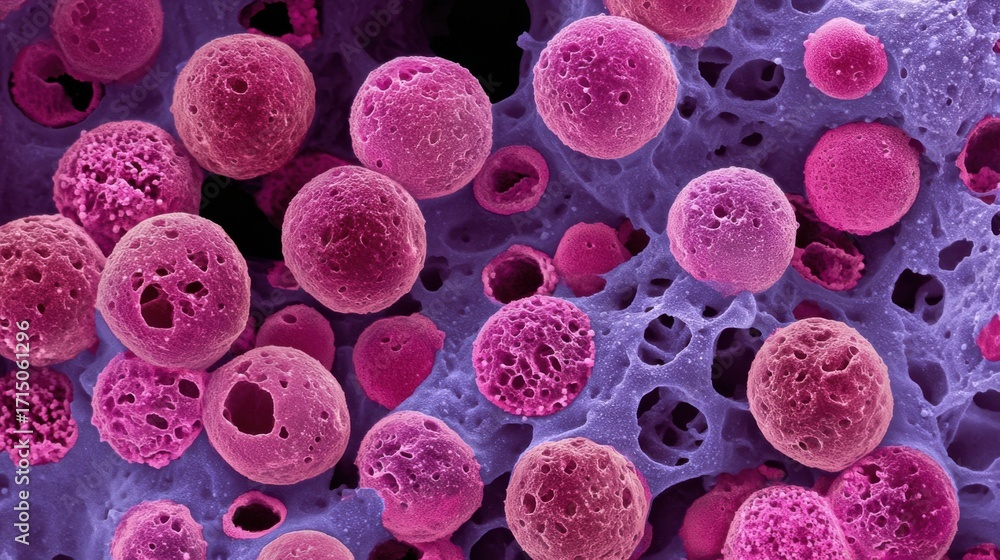 Poster multicolored spheres can be seen closely packed in a complex arrangement, highlighting the fine deta