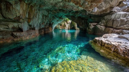 Bright sunlight filters through an opening into a stunning cave filled with crystal clear water. The vibrant hues of blue and green reflect off the rocks, creating a tranquil and inviting atmosphere.