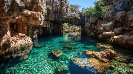 Beneath a clear blue sky, crystal clear turquoise waters reflect sunlight in a secluded cove surrounded by towering rocky cliffs and lush greenery, creating a tranquil atmosphere.