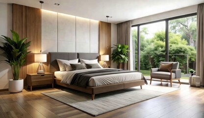 Cozy Bedroom Retreat: A meticulously designed bedroom space exudes tranquility and elegance with its wooden finishes, modern furniture, and a picturesque view of the verdant outdoors. 